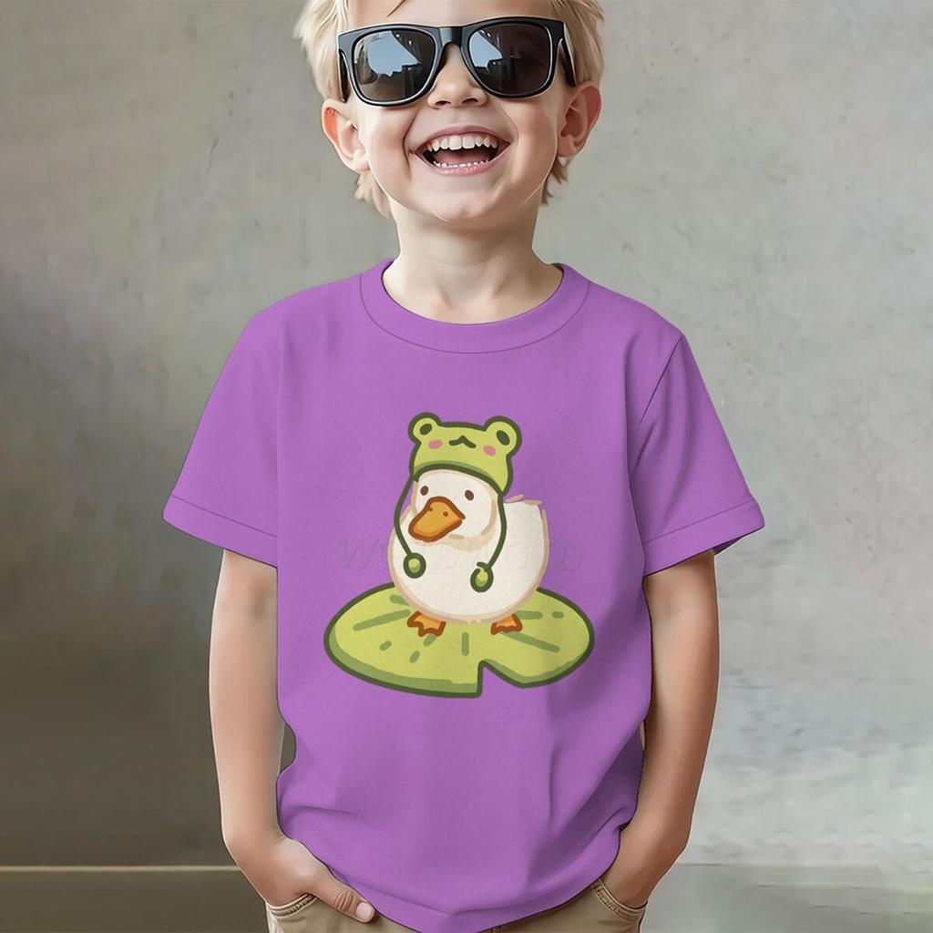Duck In Frog Hat Cartoon Tshirts for Girl Boy Cute Duck Graphic Casual Tops Kawaii Animal Tee Cute Duck Design Toddler Wear