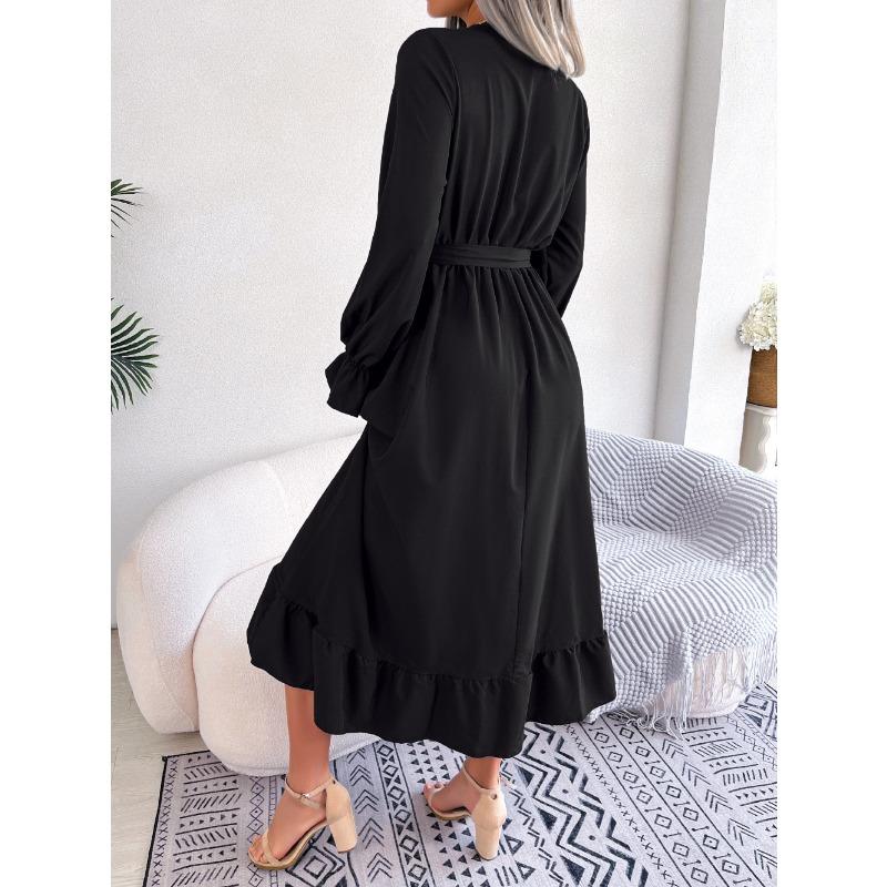 Women's Autumn-winter Style V-neck Lace Pinched Waist Long Dress