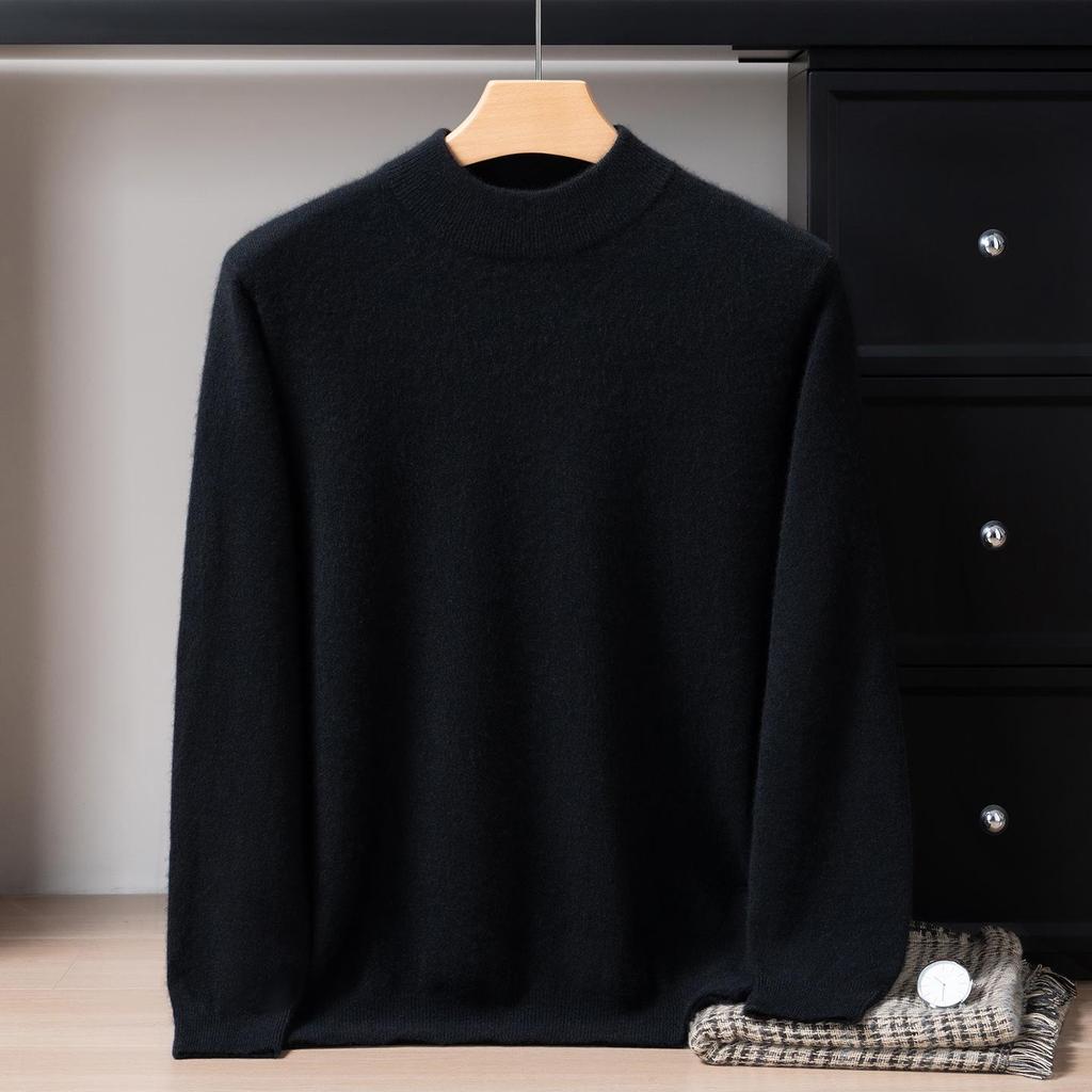 Men's 12-Gauge Double-Layer Cashmere Sweater, Half-High Collar, Long-Sleeve, Business Casual, Warm Knitted Base Layer