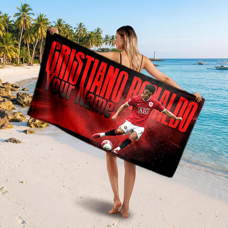 Cristiano Ronaldo Custom Beach Towel, Personalized Name Text Print, Football Logo Soft Quick‑Dry Towel Holiday Gift