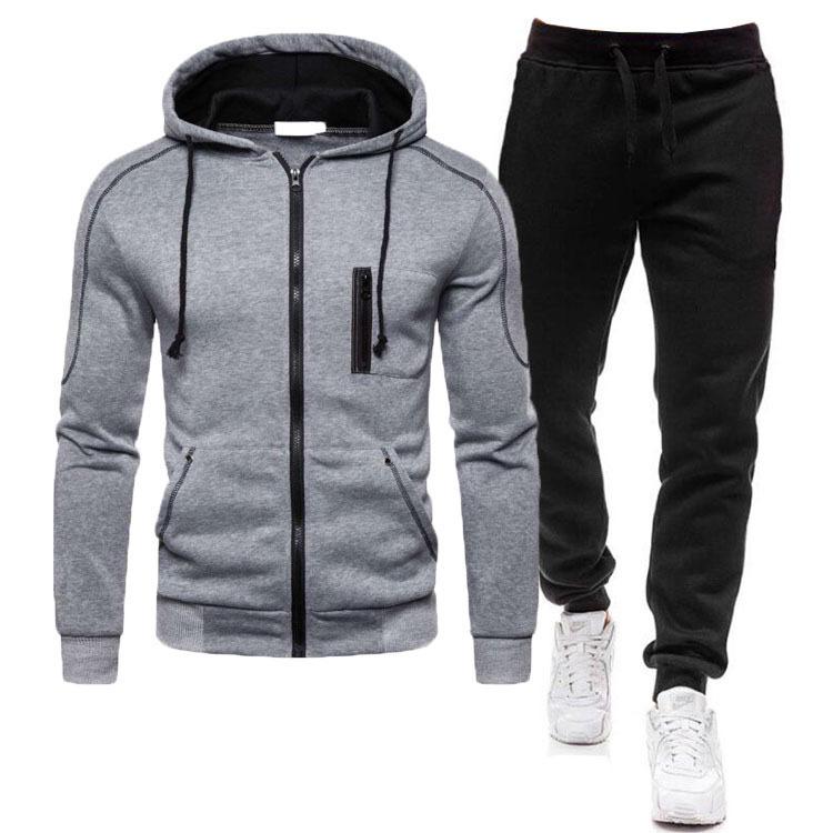 2026 Men s Casual Zipper Hoodie & Sweatpants Set - Solid Color M