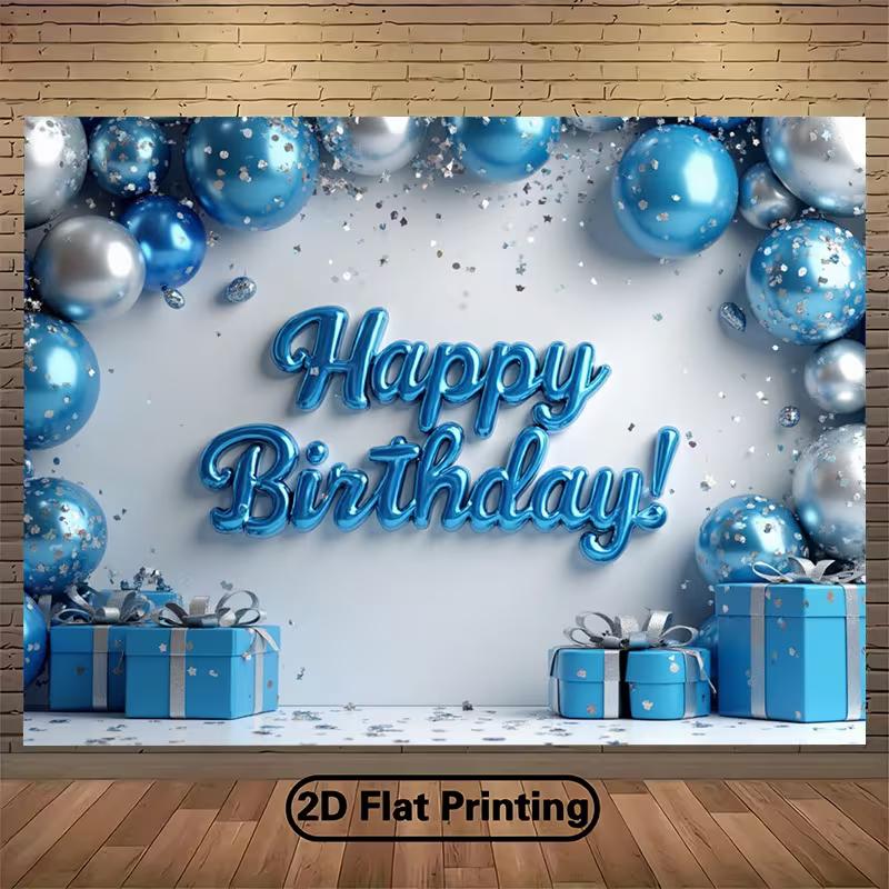 2D Blue Silver Balloon Birthday Backdrop, Boys Party Decor Banner