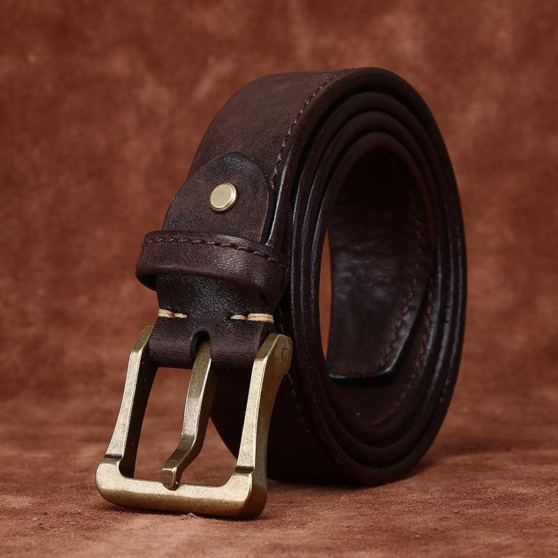 3.8Cm Wide Retro Hand-Polished Single-Layer Reflex First-Layer Cowhide Men'S Genuine Leather Pin Buckle Thickened Belt Men'S