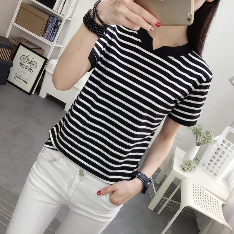 Summer Women's Loose Cotton Short-sleeved T-shirt Striped Half-sleeved Commuter Top