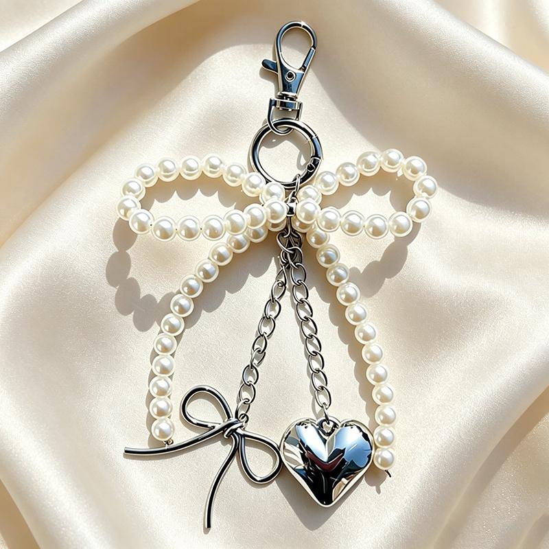 Yogodlns Bowknot Heart Pendant Women Sweet Charm White Pearl Bow Backpack Bags Pendants Decoration Gifts