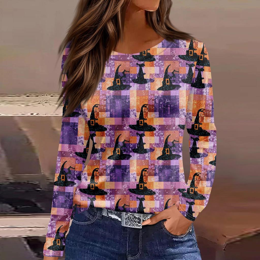 Women's Fashion Hem Slit Casual Halloween Printed Round Neck Long Sleeve Top