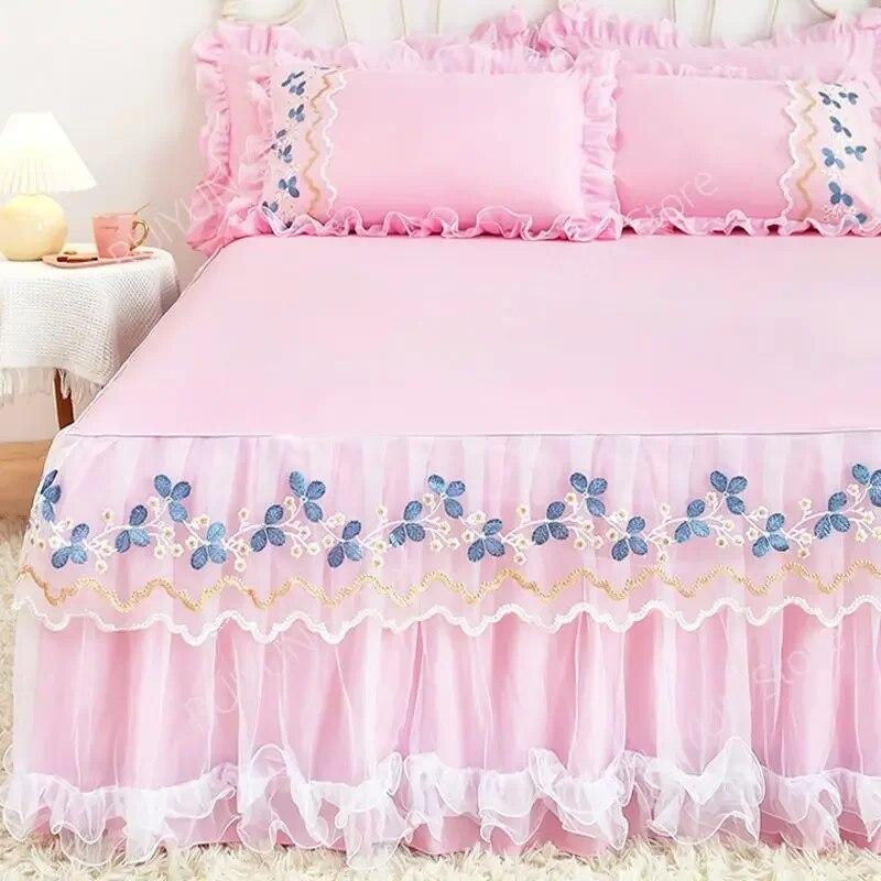 Květinová vyšívaná krajka Volánová postelová sukně Princeznovská volánová postelová sukně Protiskluzový chránič matrace Prostěradlo Domácí přehoz na postel Přehoz