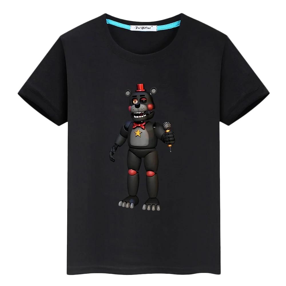 

Летняя короткая футболка из 100% хлопка FNAF для мальчиков, цельная футболка y2k, футболка с изображением аниме, топы с принтом медведя и кролика, детская одежда для девочек 100 чёрный
