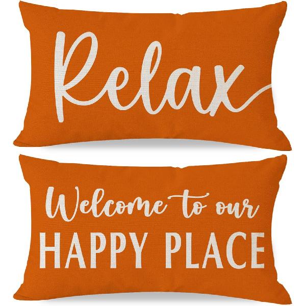Welcome to Our Happy Place Relax Decorative Throw Pillow Covers 12x20 Inch Set of 2 Orange Outdoor Farmhouse Spring Fall Decor Lumbar Cushion Case