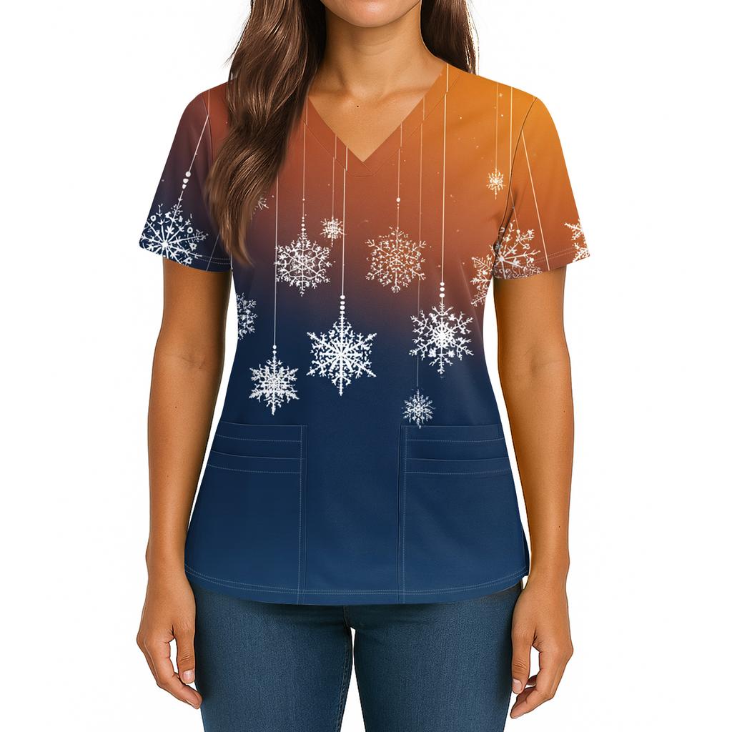 Women's Christmas Print V-Neck Double Pocket Short Sleeves Hem Slit  Uniform And Caregiver Top