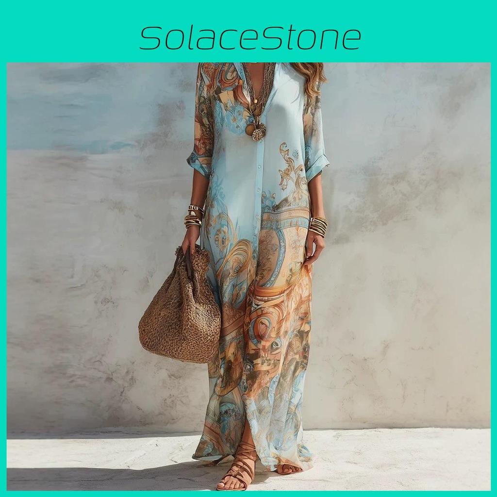 Abito Vintage in Chiffon Stampato con Design a Patchwork per Uso Casual, Viaggio e Serate