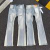 American High Street Ink Splashing Hole Light Blue Splicing Micro Pull Jeans Men and Women Internet Celebrity Casual Trousers