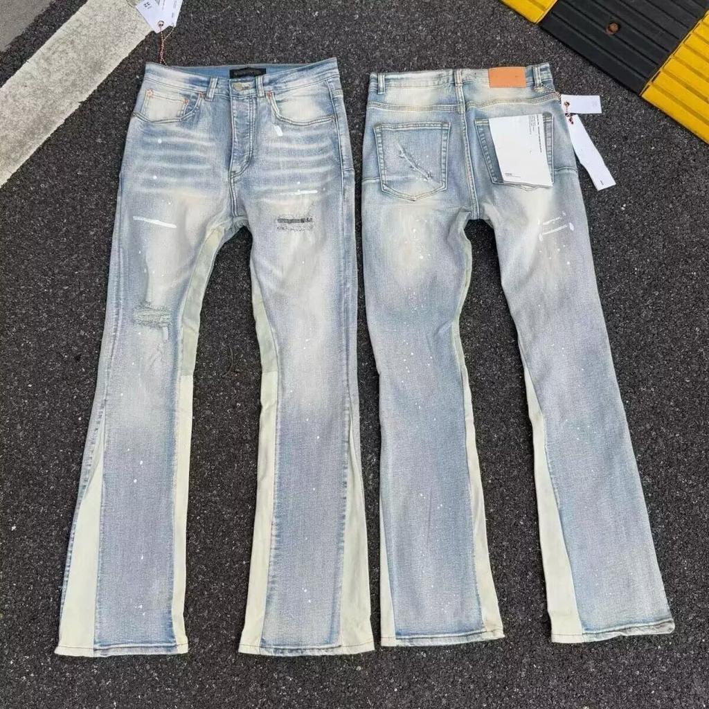 American High Street Ink Splashing Hole Light Blue Splicing Micro Pull Jeans Men and Women Internet Celebrity Casual Trousers