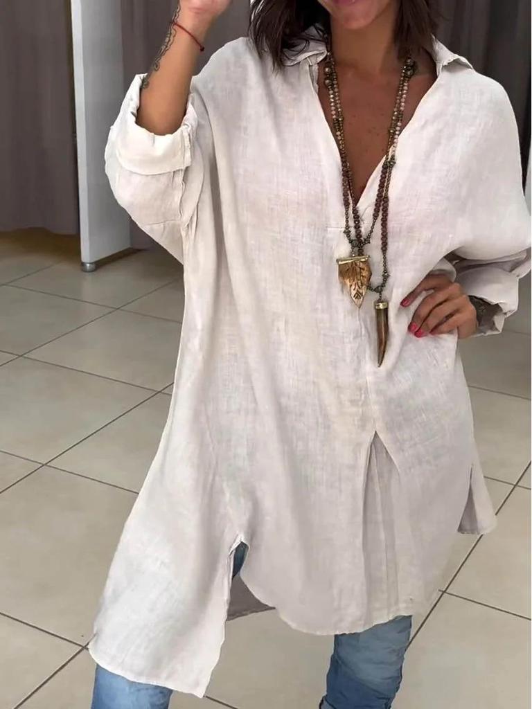 2026 European & American Summer Women's Casual Cotton-Linen Split Loose Shirt Dress