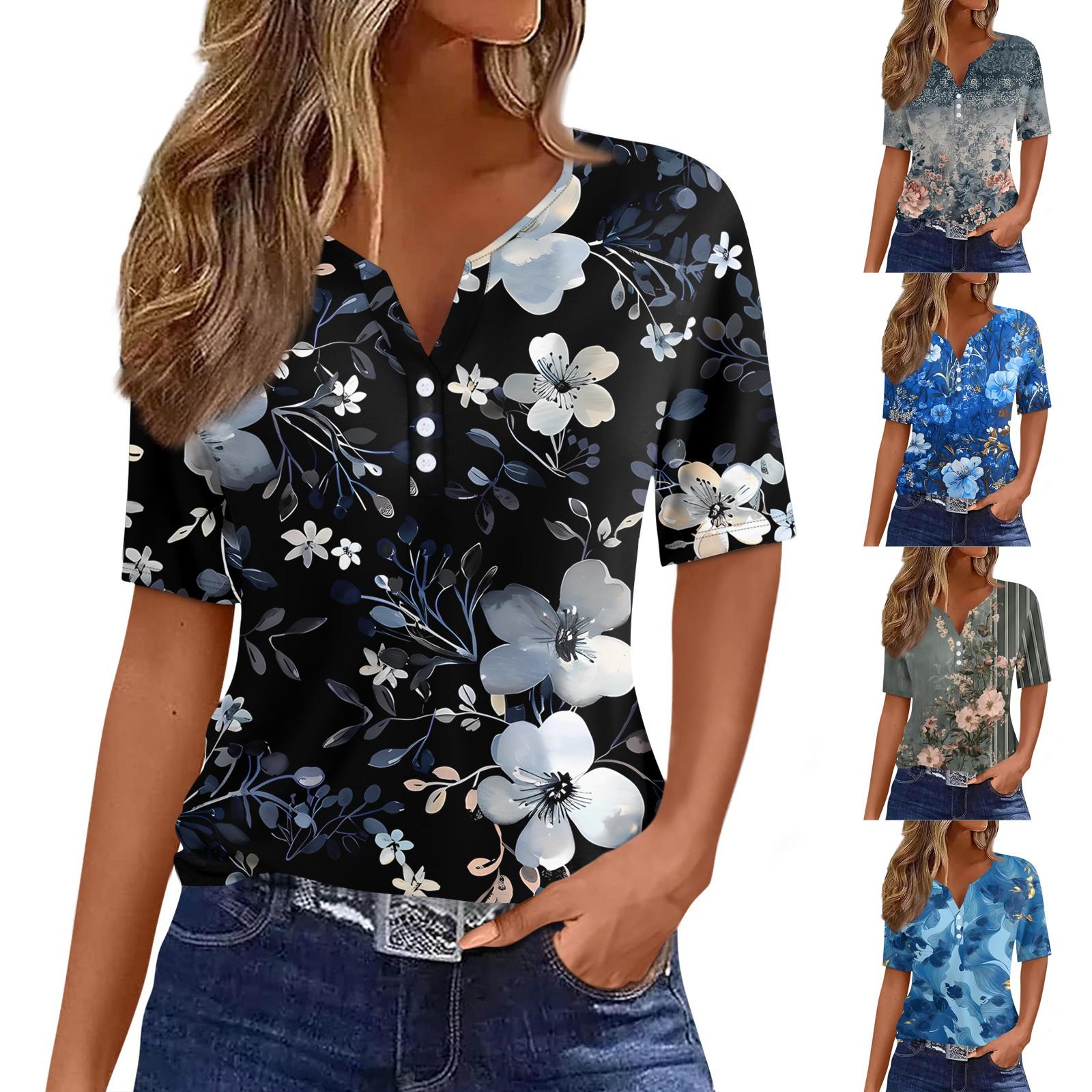 

Жен. Футболка С принтом Пуговицы С короткими рукавами Повседневные Выходные Мода Классический V-образный вырез Обычный Верх XXXL чёрный