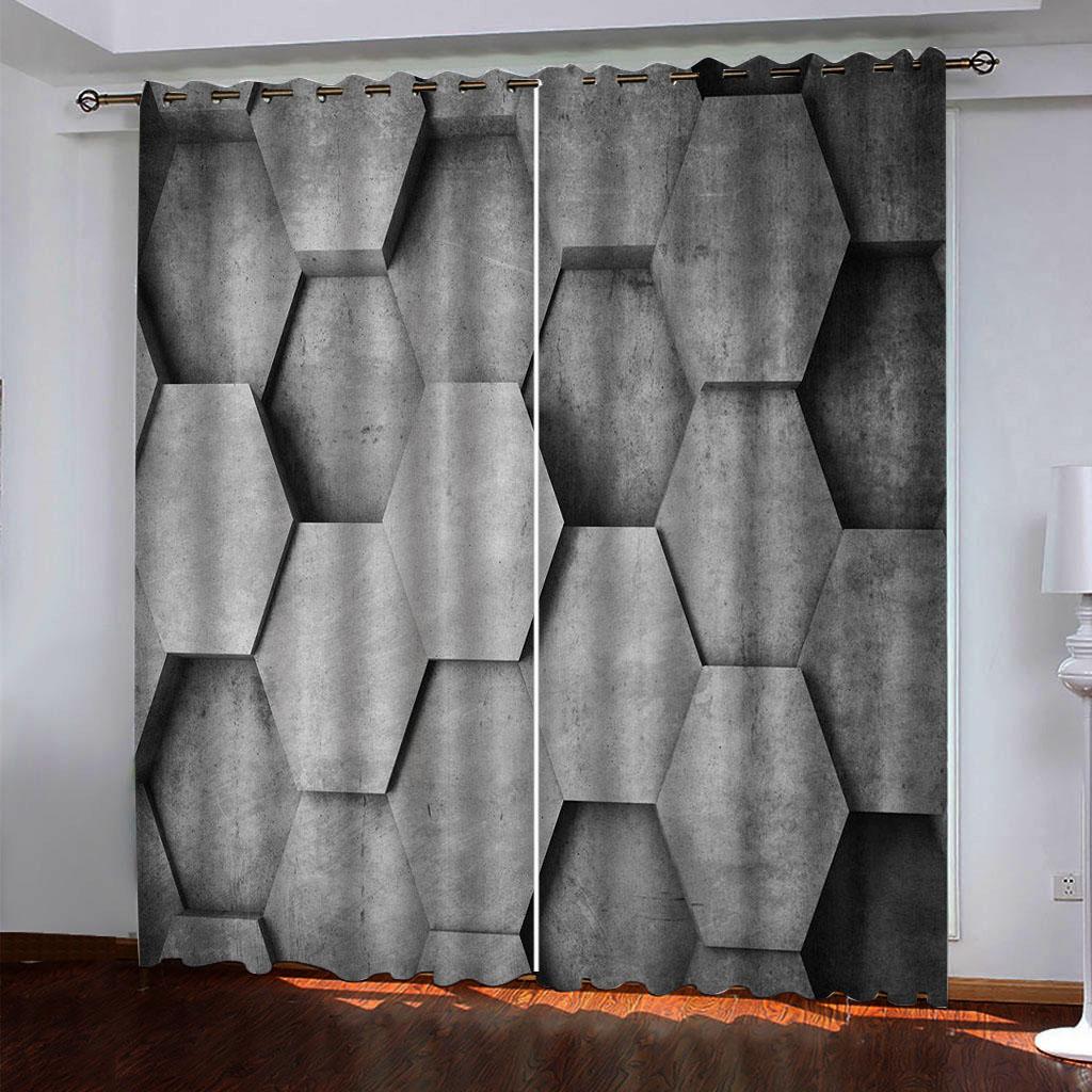 3D Grey Stereo Printed Window Curtains For Boys Men Adults Scenery Living Room Bedroom Kitchen Blackout Curtain Drapes