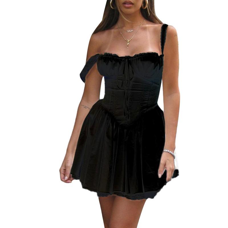 Summer Vintage Backless Sexy Dress Women High Waist Slim Solid Lace Party Casual Dresses Women Fashion A Line Sleeveless Dress Female Clothing 26094