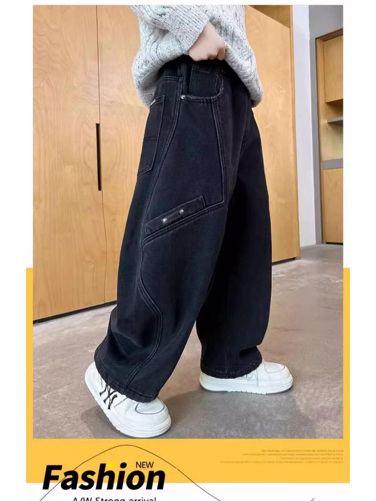 Boys' 2025 Loose Straight-Leg Jeans: Fashionable Campus Style, Junior High, Plus Velvet