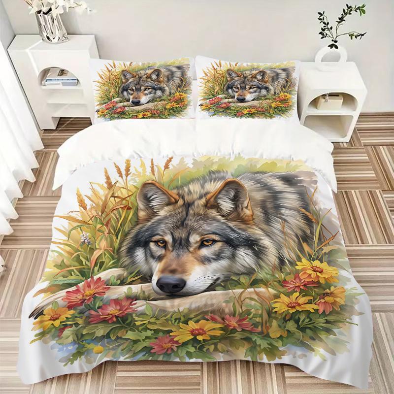 3pcs Serene Wolf amidst Nature's Splendor Printed Duvet Cover Set (1 * Cover+2 * Pillowcase, Without Core), Suitable for Home Bedroom, Guest Room