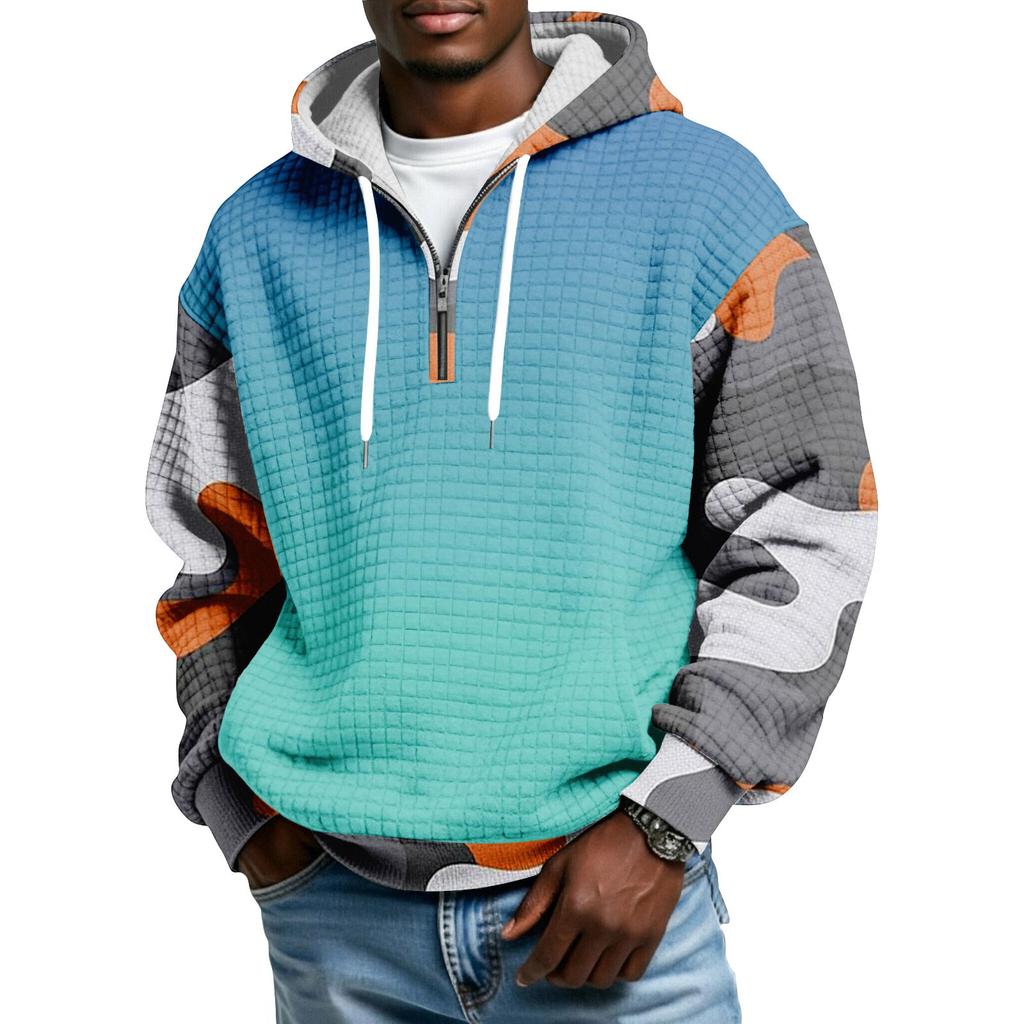 Sudadera Deportiva Casual para Hombre con Capucha y Media Cremallera a Cuadros con Cordón y Estampado