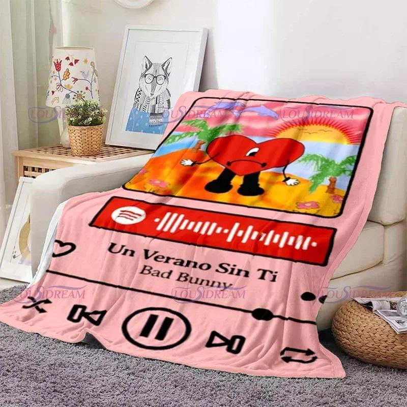 Cartoon Bad Bunny Coperta Coperte di flanella Musica pop latina Coperte calde in pile di peluche per biancheria da letto per divano adulto per tutte le stagioni