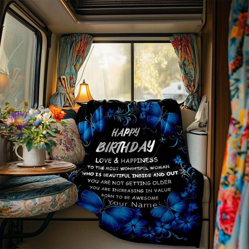 Blue Butterfly Floral Blanket Personalized Name Soft Comfortable Stylish Blanket Car Blanket Perfect For Travel Camping Outdoor Home Suitable For All