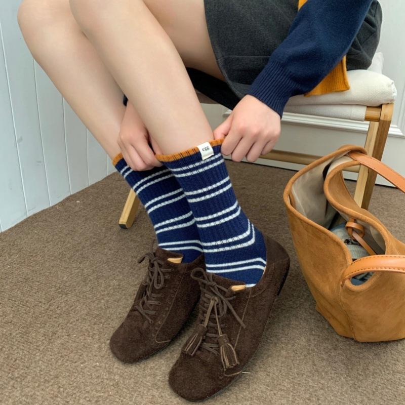Korean Egg Cloth Label Warm Striped Socks Sheep Wool Mid-Leg Socks Women Versatile Atmosphere Stacked Socks