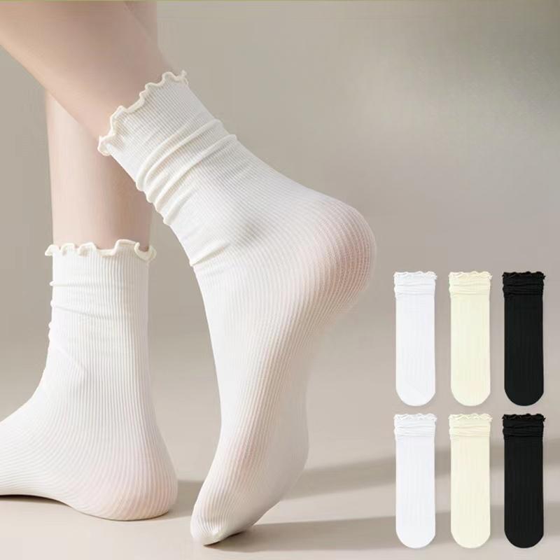 Cotton Breathable Women Socks Harajuku Retro Streetwear Solid Black White Socks Women Japanese Kawaii Cute Frily Ruffle Socks