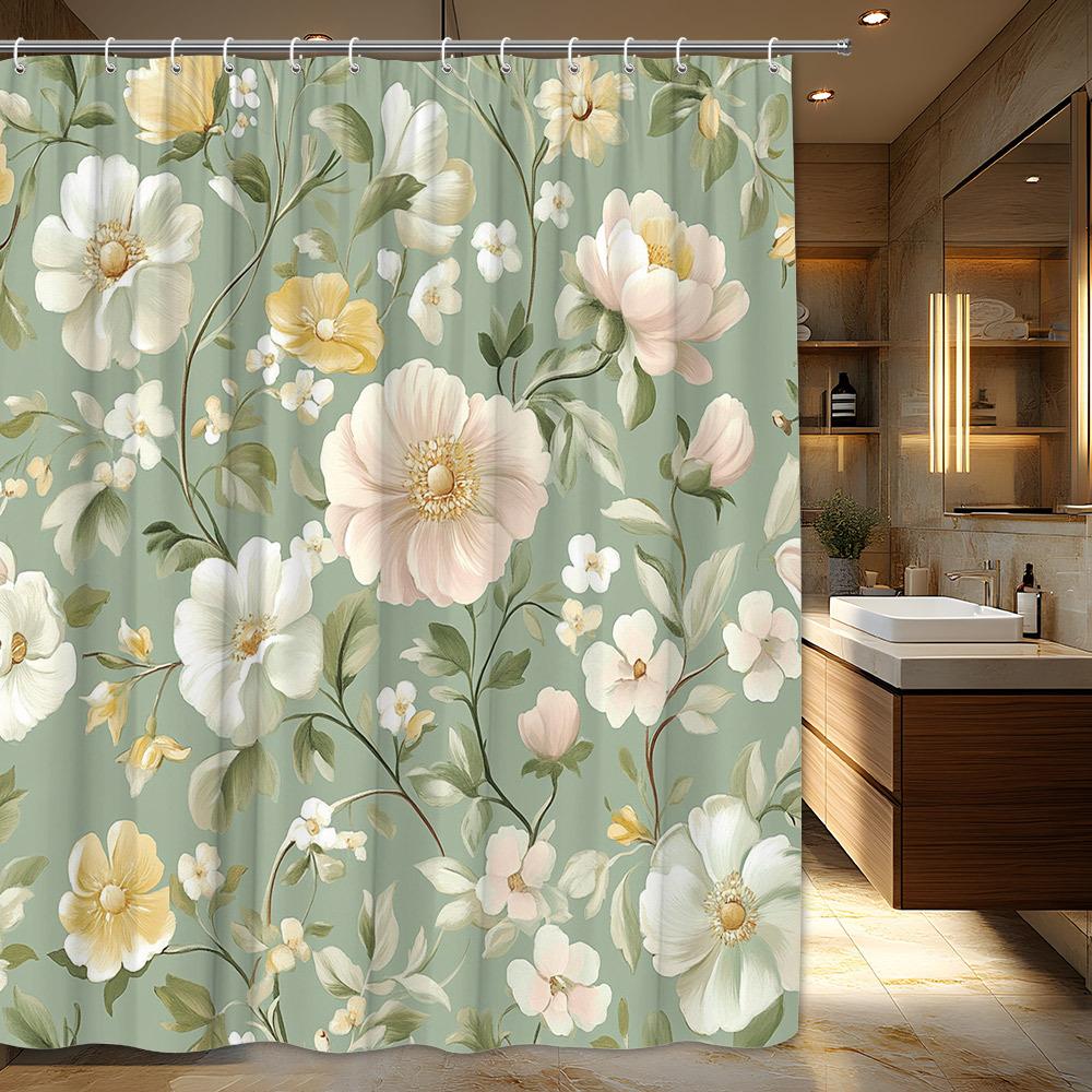 Delicate Floral Shower Curtain - White, Pale Yellow, Light Pink Flowers, Subtle Green Leaves, Muted Green Background