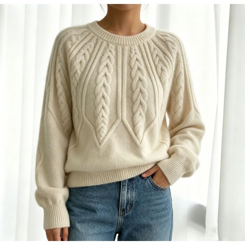 Womens Crew Neck Knit Sweater Long Sleeve Twist Solid Color Fall Winter Versatile Top
