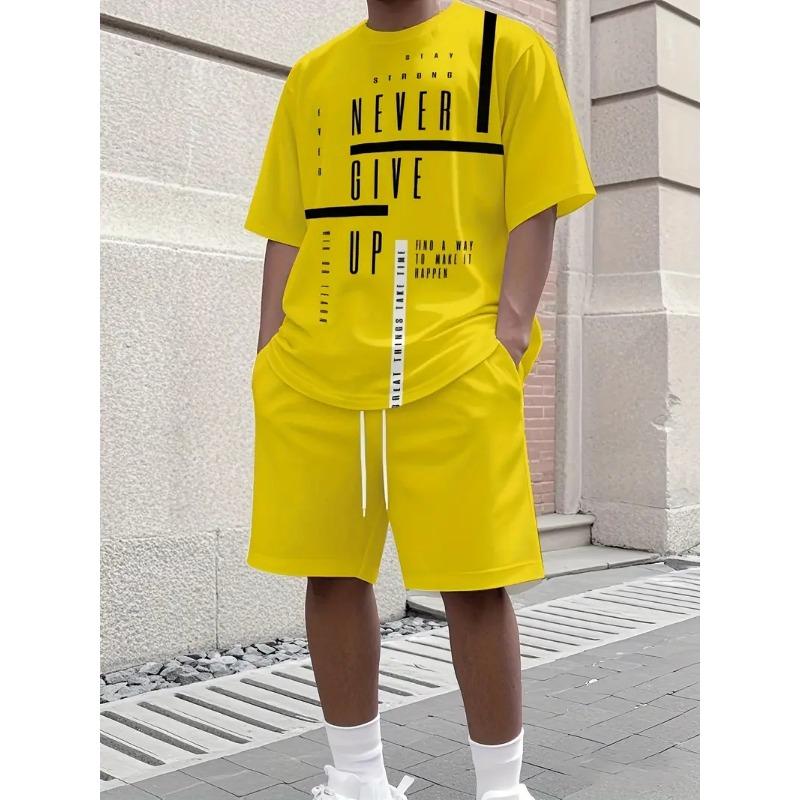 Summer Men's Clothing Letter Print Short Sleeve Top Men's Elastic Waist Shorts 2-piece Set Plus Size T Shirts Shorts Set