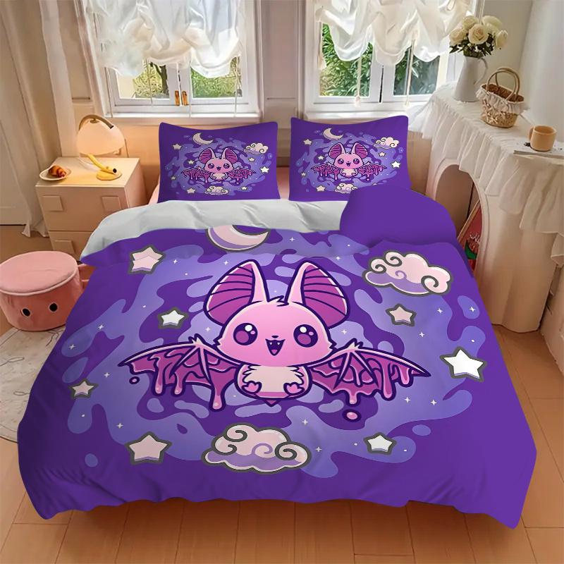 3pcs Cute purple Bat Quilt Set Soft and Comfortable Bedroom, and Dorm Decor Bedding Set 1 Quilt Cover + 2 Pillowcases.L030