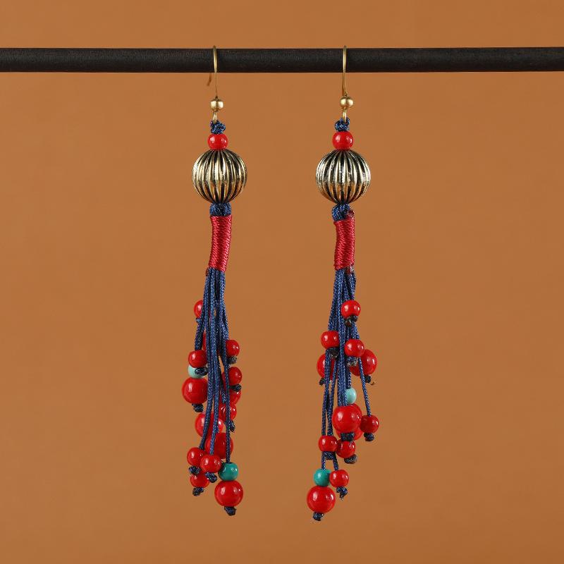 

Оригинальные плетеные вручную серьги, ретро-преувеличенные длинные серьги с бахромой, женские красные антикварные серьги для ханьфу.