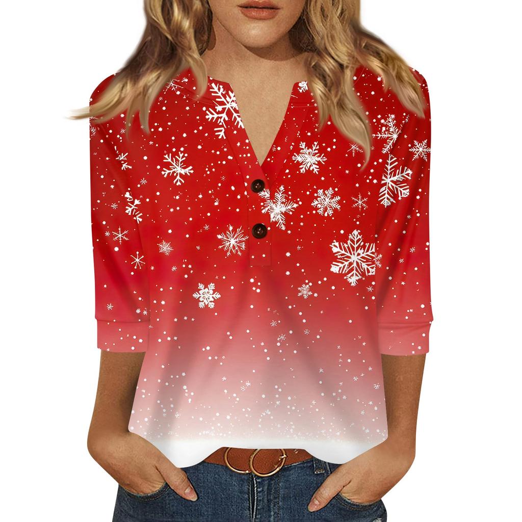 Women's T Shirt Christmas Print Button 3/4 Sleeve Daily Weekend Fashion Basic V- Neck Regular Top