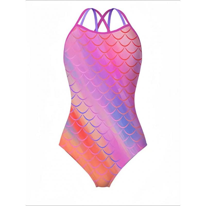 

[Pink gradual change mermaid] single-layer one-piece triangle competitive swimsuit women s professional swimsuit sports without chest pad XXL