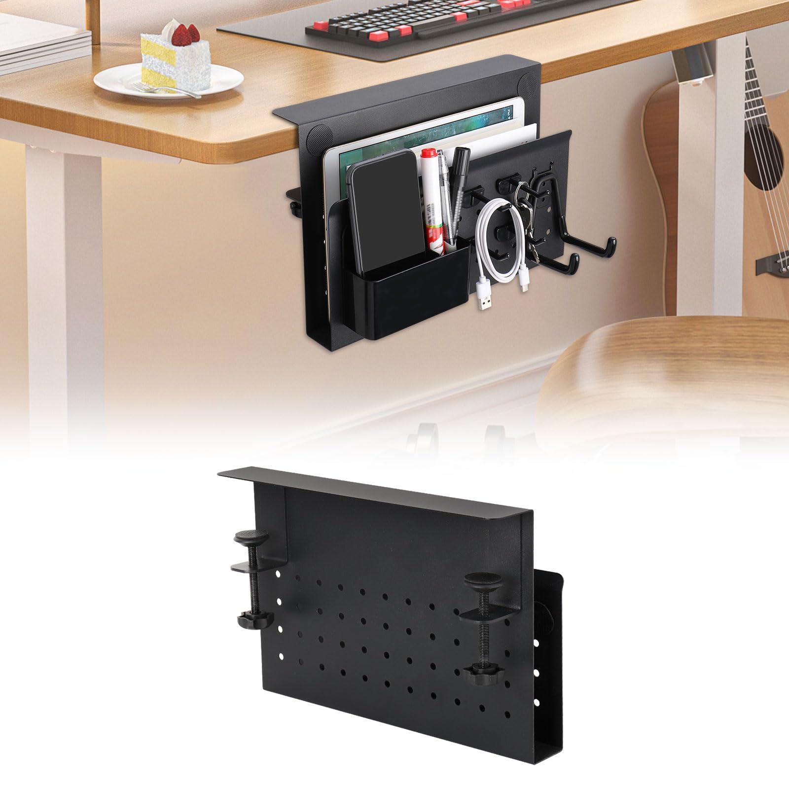 

MIAODAM Deskside Storage Rack with New Tableside Pocket for Laptop Earphone Document Storage with 4 Hooks and Pen Office Home Use Clamp, Stand, Stand, чёрный