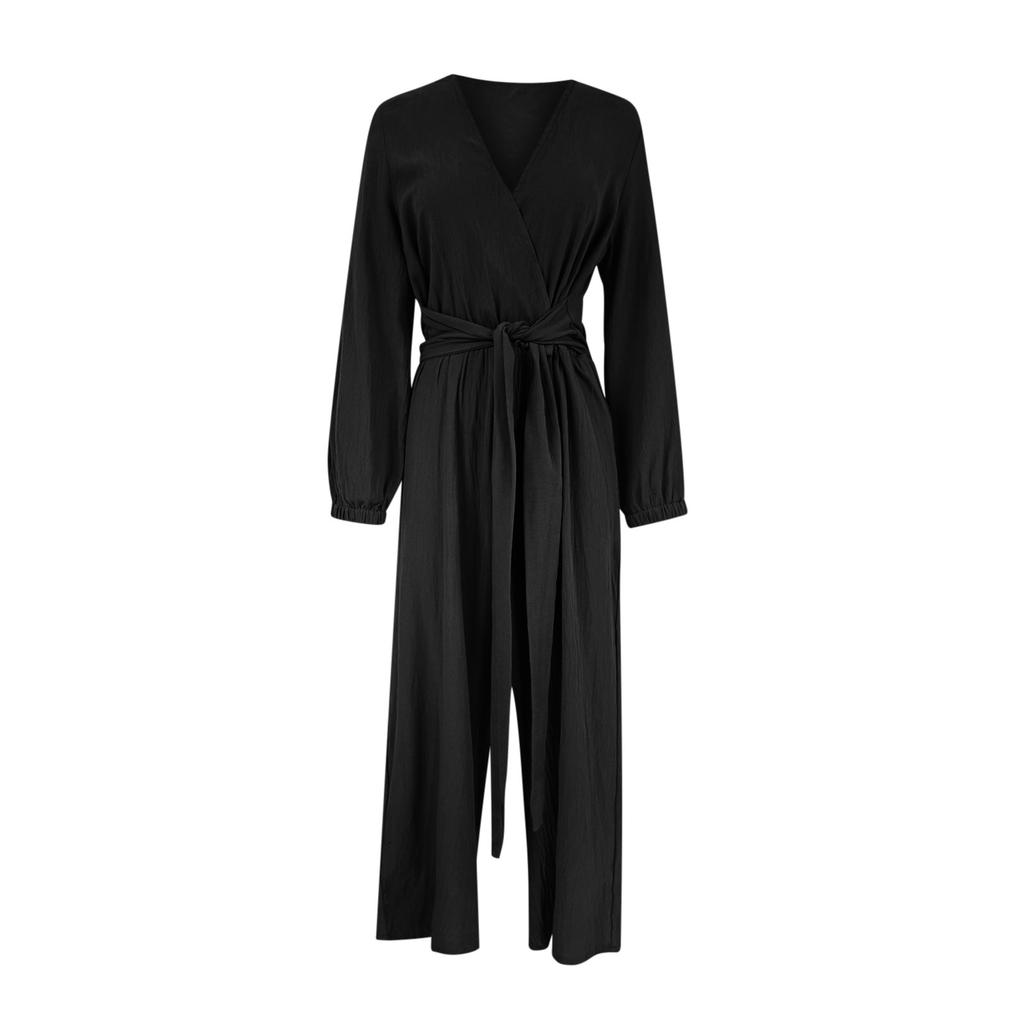 Women's Fashionable Sexy Style Deep V-Neck Long-Sleeve Solid Color  Wear Wide-Leg Pants Jumpsuit