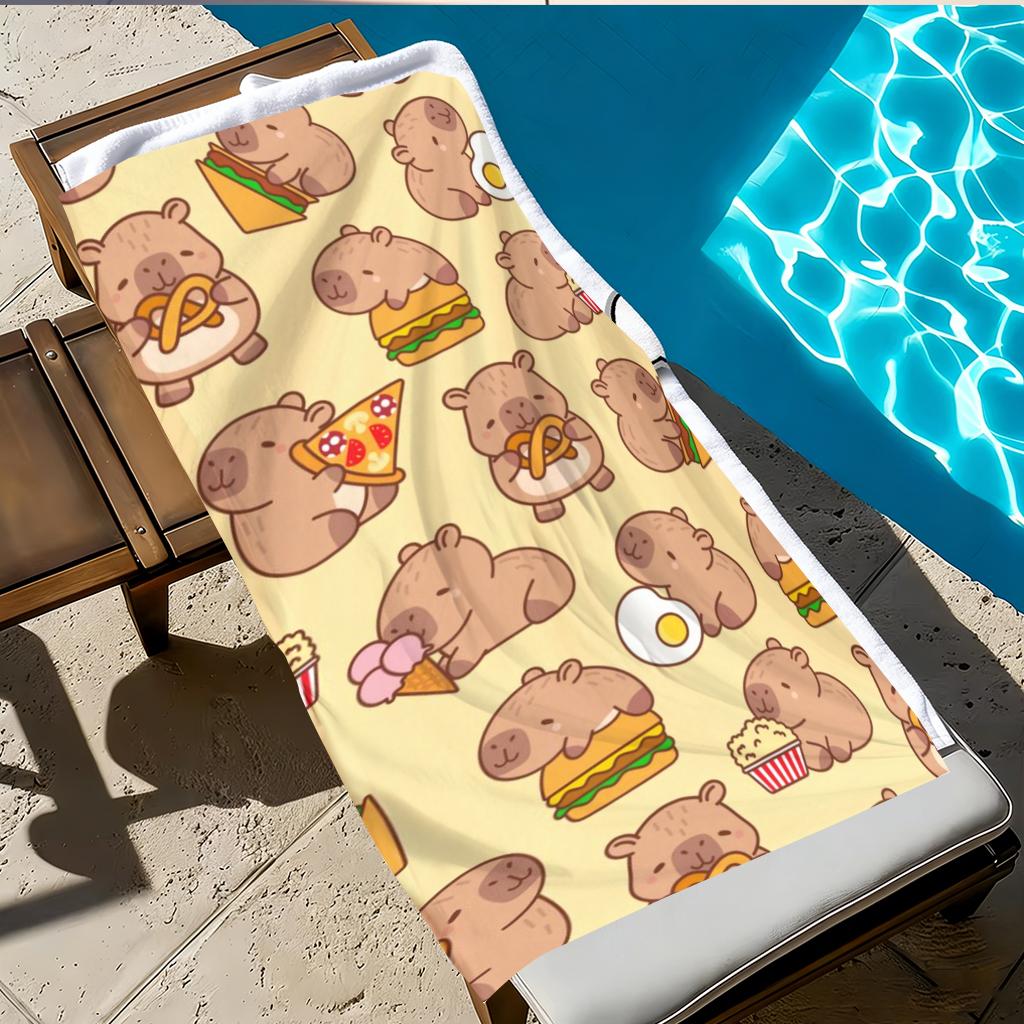 Süßes Capybara Food Print Strandtuch, Mikrofaserhandtuch im Fast-Food-Design, Schnelltrocknendes saugfähiges Handtuch für Strand, Schwimmen, Camping,