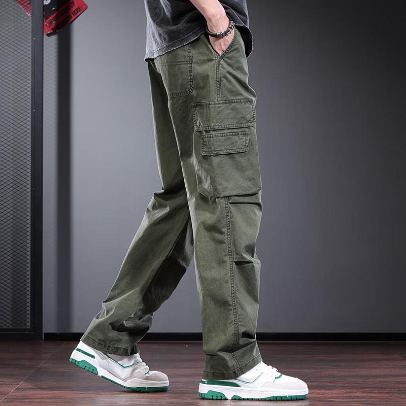 Jie Leinuo Men's Casual Multi-Pocket Loose Straight Leg Cargo Pants
