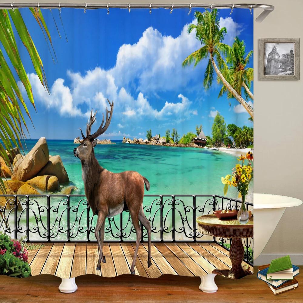 3D Window Opening Scenery Beach Landscape Printing Shower Curtain Washable Fabric Curtain Bathroom Decoration with Hook Curtain