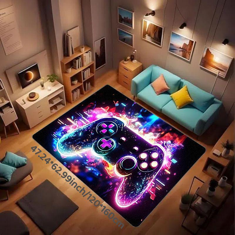 Flannel Printed Gaming Controller Rug Neon Light Design Soft Fleece Floor Mat Living Room Carpet Gamer Decor Rugs