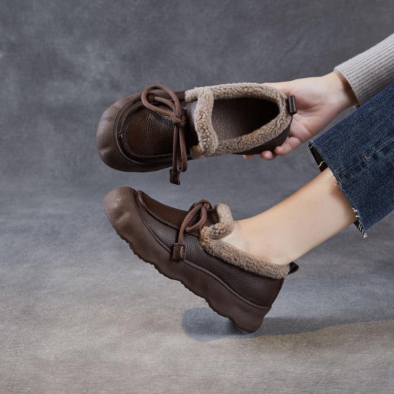 New Thick-soled Casual Leather Retro Flat Cotton Shoes with Added Insulation