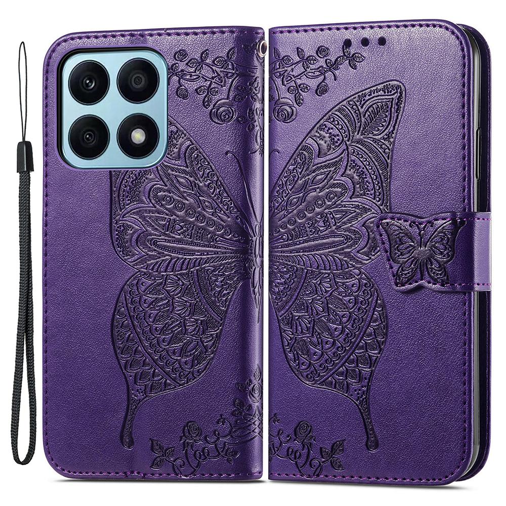 

Для Honor X8a 4G Чехол из ПУ кожи для телефона Подставка Кошелек С тиснением бабочки Откидная крышка Purple