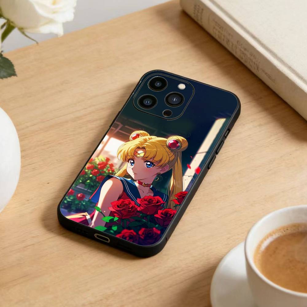 Cartoon E-Sailor M-Moons Phone Case For iPhone17,16,15,14,13,12 Plus,Max Soft Silicone Black Cover
