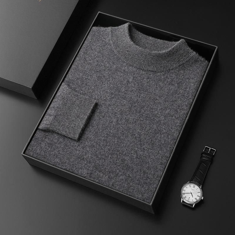 Men's Seamless Cashmere Sweater, Half-High Collar, Solid Color, Loose Fit, Plus Size, Base Layer for Autumn and Winter.