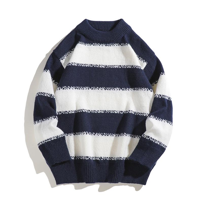 2025 Men's Japanese Casual Striped Knit Pullover - Autumn/Winter Loose Fit, Long Sleeve, Round Neck.