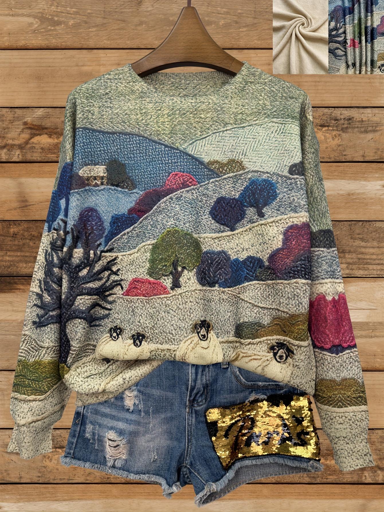 

Women S Lightweight Sweater - All-Over Pastoral Print Sweater with Sheep, Long Sleeve Round Neck Pullover for Everyday & Formal Outfits S