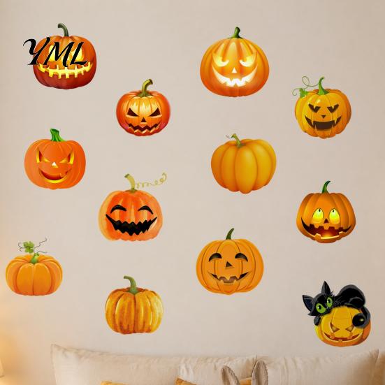 Non Scary Halloween Home Decor 3 Sheets Ghost Face Pumpkin Wall Sticker, Cute Black Cat Removable Stickers for Kids Decorative Decals, Waterproof PVC