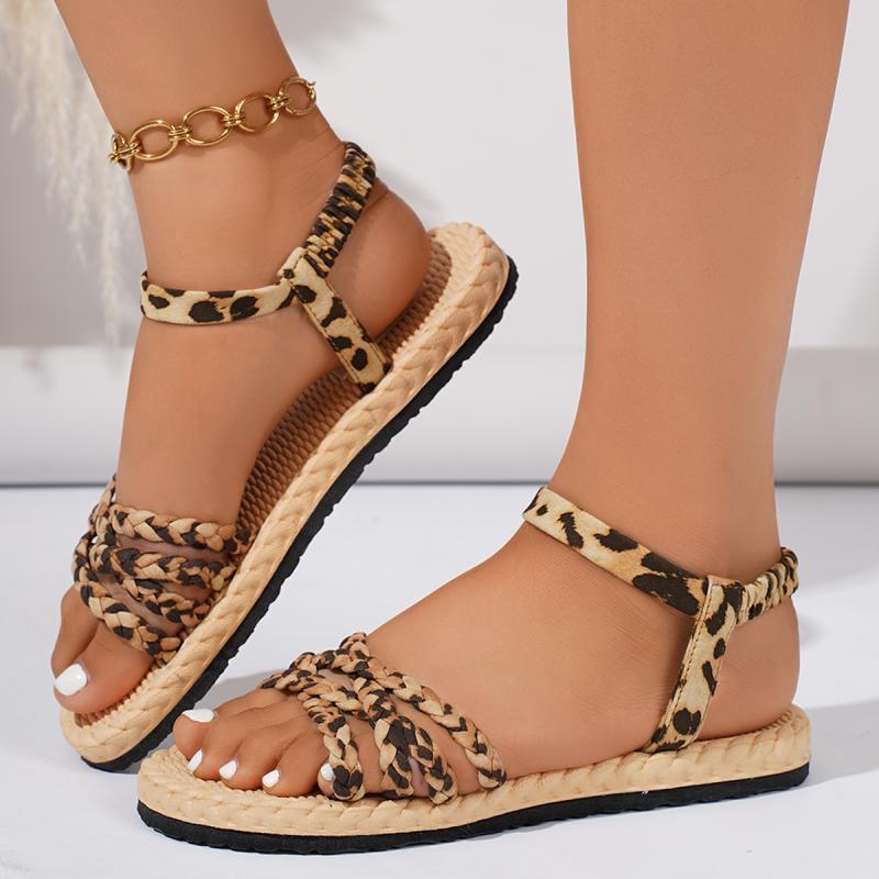 Sandalias Casuales de Leopardo con Tiras Cruzadas para Mujer Verano 2025 Bohemia Suela de Cáñamo Sandalias Ligeras Cómodas Zapatos de Playa Talla Grande