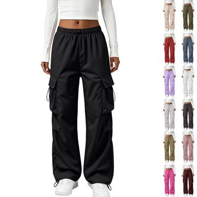 Women's Vintage Straight Leg Cargo Pants Elastic Waistband Drawstring Adjustable Hem Utility Workwear Trousers